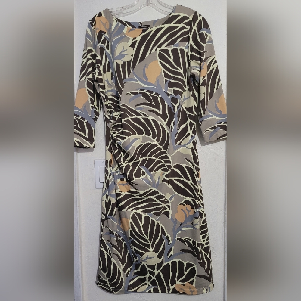 J. McLaughlin Dress Leaf Print Ruche Jersey Size Medium Stretch Elbow Sleeve